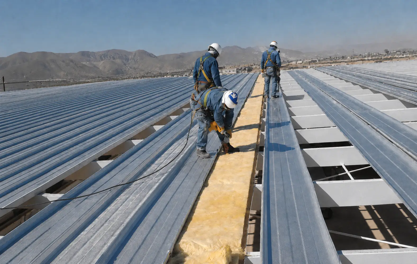 Técnicos con arnés de seguridad instalando y aislando una cubierta metálica industrial en Santiago